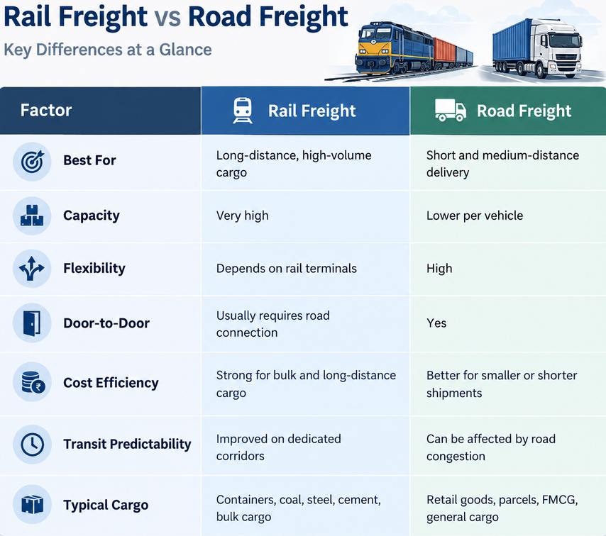 Rail freight vs road freight comparison table