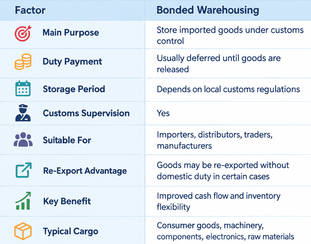 Bonded Warehousing Quick Overview Table